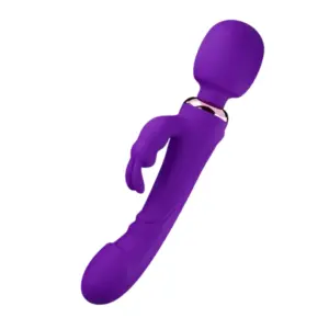 Angled perspective of the Triple Rabbit Wand and Dildo by Thrill Throne, emphasizing the sculpted shaft and ergonomic placement of rabbit arms for precise clitoral stimulation.