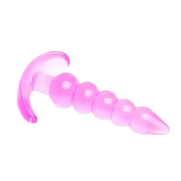 Pink five-bead silicone butt plug with graduated spheres and a curved T-shaped base, shown against a white background.