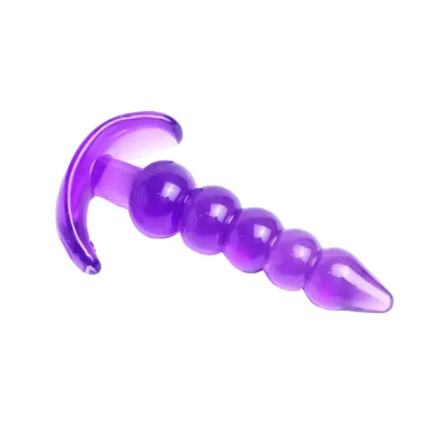 Purple silicone butt plug featuring five graduated spherical beads and a flared T-handle, isolated on white.