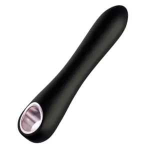 Sleek black version of the 10 Frequencies Silicone Vibrating Dildo from Vibrant Vixen, designed with a smooth tapered shaft and ergonomic silver-ring base.