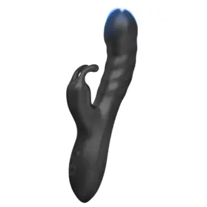 Sleek black Realistic Curved Bunny Vibrator from Velvet Whim shown with an illuminated tip and signature dual bunny ear design for powerful dual-point stimulation.