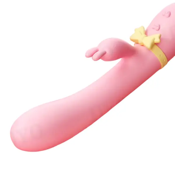 Flexible Rabbit Vibrator With Heating Pretty in Pink close-up of curved shaft tip and rabbit-ear clitoral stimulator, highlighting the heating bow detail