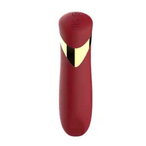 Front view of the Cheeky Charm 10 Modes Rechargeable Bullet Vibrator in deep red, showing its smooth, tapered silicone body, single power button on top, and gold accent band at the base.