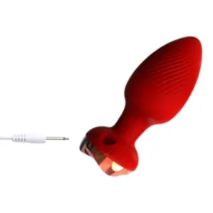 Remote Control Vibrating Butt Plug – The Murmur detail of the DC 5 V charging port on the red plug’s base alongside its charging cable