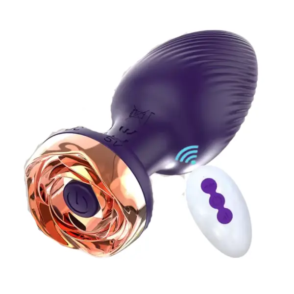 Purple silicone Remote Control Vibrating Butt Plug – The Murmur displayed next to its white remote on a clean white background