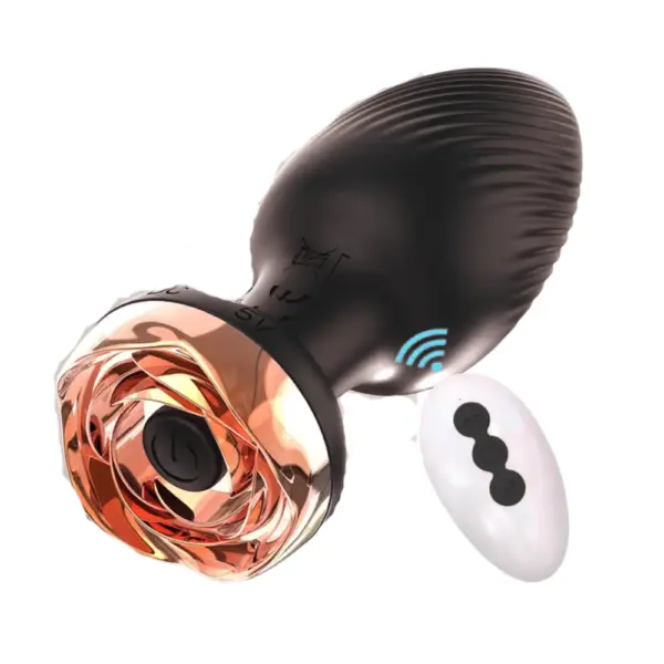 Black silicone Remote Control Vibrating Butt Plug – The Murmur alongside its white oval remote, showcasing the sleek black color option