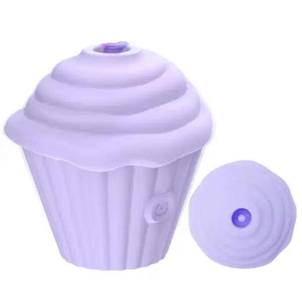 Lavender Cupcake Clit Suction Stimulator – Sweet Treat shown from two angles: one displaying the decorative cupcake top, the other showing the suction nozzle underneath.