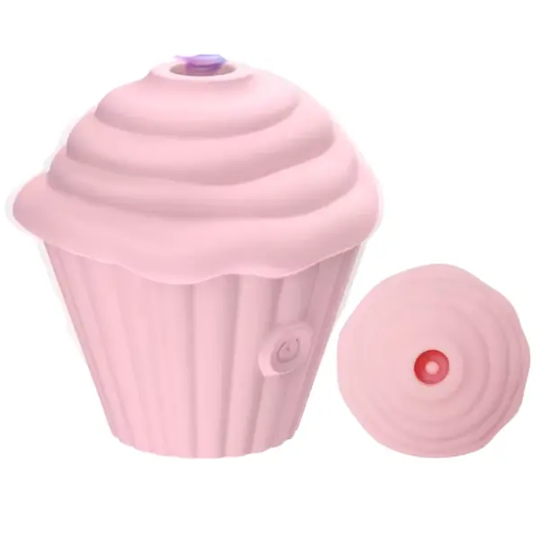 Pink Cupcake Clit Suction Stimulator – Sweet Treat shown in two views, highlighting its frosted design and the silicone suction nozzle on the bottom side.