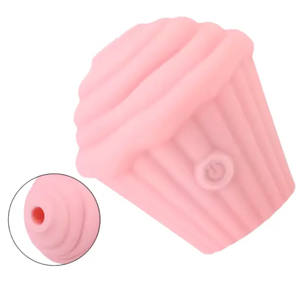 Close-up of the pink Cupcake Clit Suction Stimulator – Sweet Treat showing the smooth silicone suction nozzle designed for targeted clitoral stimulation.