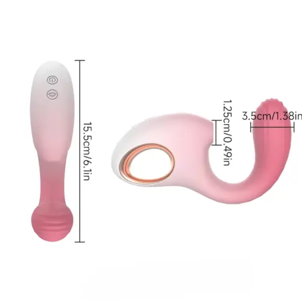 Dimension guide for the pink Dolphin Suction G-Vibes-Curve Appeal highlights the key measurements of the device: the handle height is marked at 15.5 cm, the ribbed G-spot tip spans 3.5 cm across, and the suction nozzle reaches a depth of 1.25 cm. This schematic view helps visualize the product’s proportions for comfortable, precise placement.