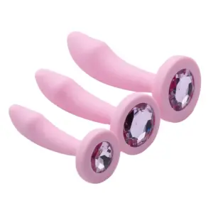 Three silicone Pink Curved Butt Plug-Cherry Velvet pieces in small, medium, and large sizes=