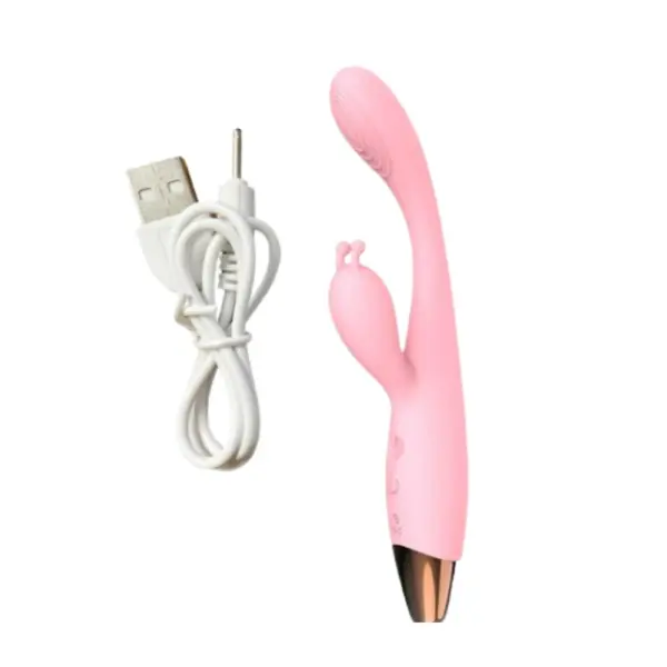 Silk & Pulse 12 Speeds Dual Bunny Vibrator in pink alongside its USB charging cable