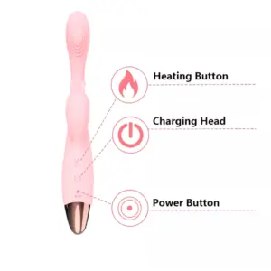 Silk & Pulse 12 Speeds Dual Bunny Vibrator labeled diagram highlighting the heating button, charging head, and power button