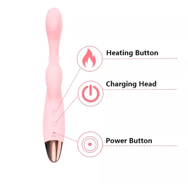 Silk & Pulse 12 Speeds Dual Bunny Vibrator labeled diagram highlighting the heating button, charging head, and power button