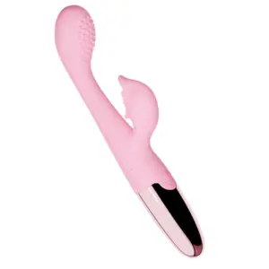 Pink Rechargeable Dolphin Head Rabbit Vibrator – Naughty Nautilus angled view showing silicone dolphin head, rabbit stimulator, and metallic handle