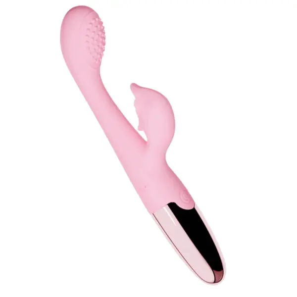 Pink Rechargeable Dolphin Head Rabbit Vibrator – Naughty Nautilus angled view showing silicone dolphin head, rabbit stimulator, and metallic handle