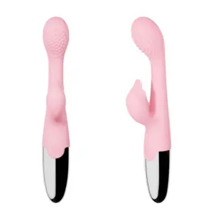 Side-by-side pink Rechargeable Dolphin Head Rabbit Vibrator – Naughty Nautilus showing both front and side profiles