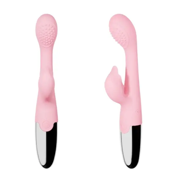 Side-by-side pink Rechargeable Dolphin Head Rabbit Vibrator – Naughty Nautilus showing both front and side profiles
