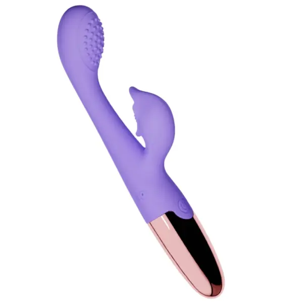 Purple Rechargeable Dolphin Head Rabbit Vibrator – Naughty Nautilus angled view highlighting dolphin head mouthpiece, rabbit ear stimulator, and chrome base