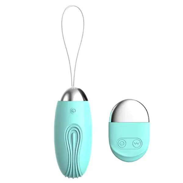 Velvet Pop’s Remote Control Rugged Egg Vibrator shown in aqua blue, paired with a sleek silver-accented remote, both designed for discreet, hands-free pleasure.