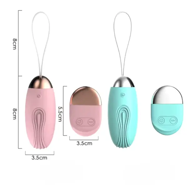 Side-by-side view of the Velvet Pop Remote Control Rugged Egg Vibrator in pink and blue, with precise dimensions labeled for both the egg and remote units.