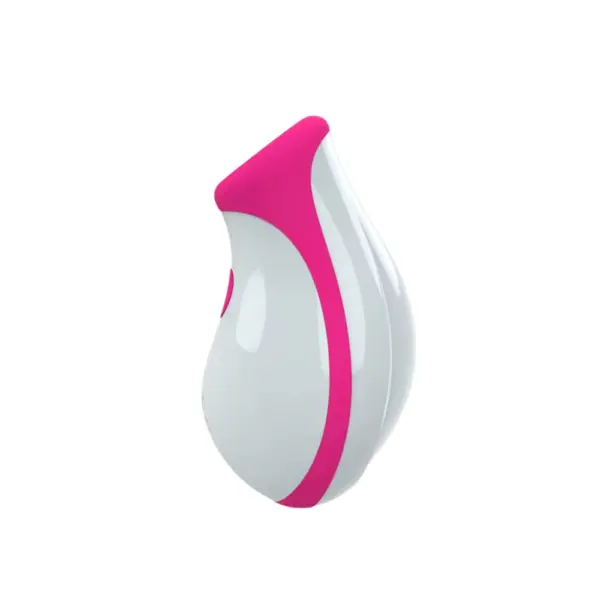 Clean side-profile shot of the suction vibrator, emphasizing the pink silicone mouthpiece at the top and the sleek white casing beneath.