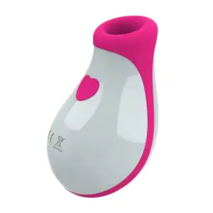 Hot-pink and white teardrop-shaped 8 speeds suction vibrator seen from an angled front view, showing its silicone nozzle opening and central heart-shaped control button.