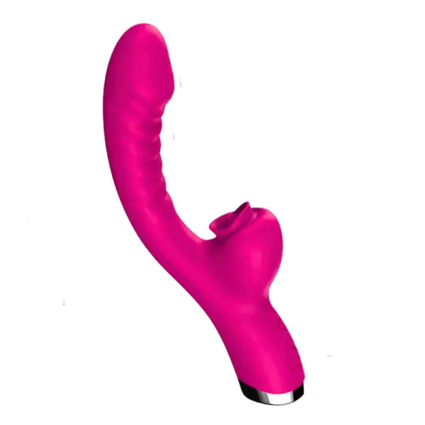 Angled view of the hot pink Afternoon Tease dual tongue licking rabbit vibrator showcasing its curved, ribbed G-spot shaft and dual silicone tongue stimulators