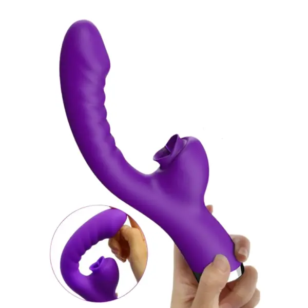 Hand bending the purple Afternoon Tease dual tongue licking rabbit vibrator’s curved shaft to demonstrate the soft, flexible silicone construction.