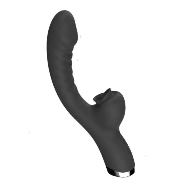 Angled view of the midnight black Afternoon Tease dual tongue licking rabbit vibrator, showing its smooth curved shaft with ridges and integrated rabbit-ear tongue for clitoral stimulation.