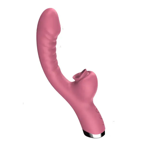 Angled view of the blush pink Afternoon Tease dual tongue licking rabbit vibrator highlighting its textured insertable shaft and petal-shaped clitoral licking attachment.