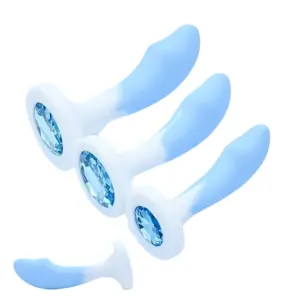 Three Blue and White Silicone Plug-Gentle Vice pieces in small, medium, and large sizes=