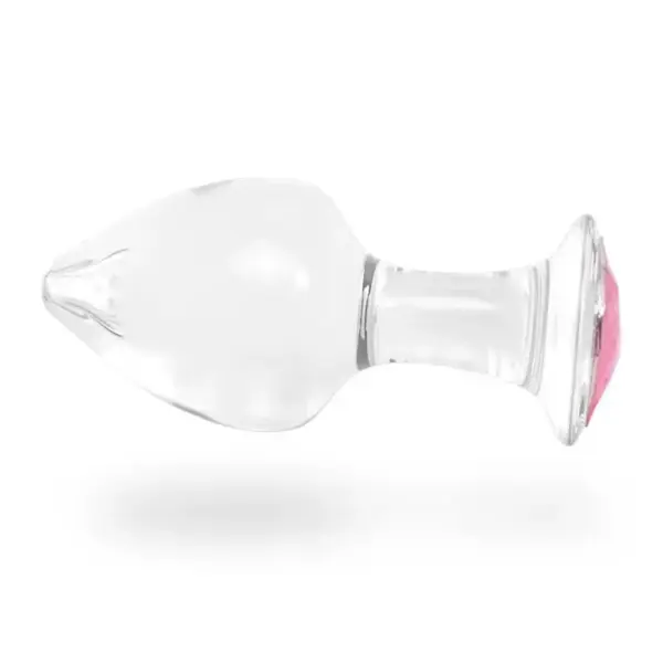 Side-profile of the Crystal Clear Butt Plug – Clear Love, highlighting the smooth tapered shaft and decorative pink jewel base on white.