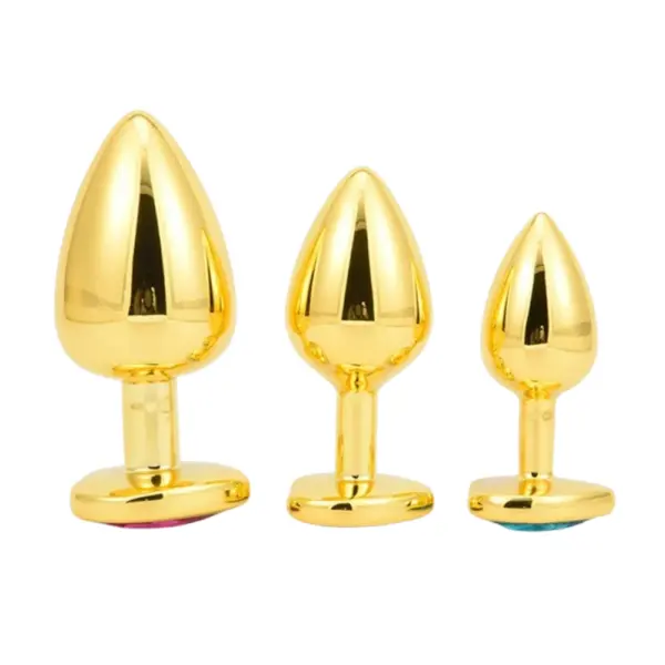 Butt Plugs With Jewel – Glitzie set shown in small, medium, and large sizes, all in glossy gold metal with jeweled bases facing down.
