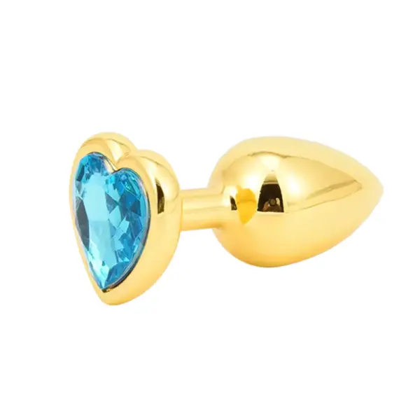 Butt Plugs With Jewel – Glitzie in gold featuring a sparkling light blue faceted heart gem embedded in the flared base.