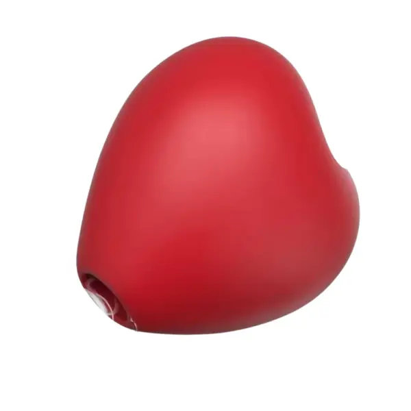 Red heart-shaped rechargeable silicone clitoral suction device showing its oval suction nozzle at the base, displayed against a white background.