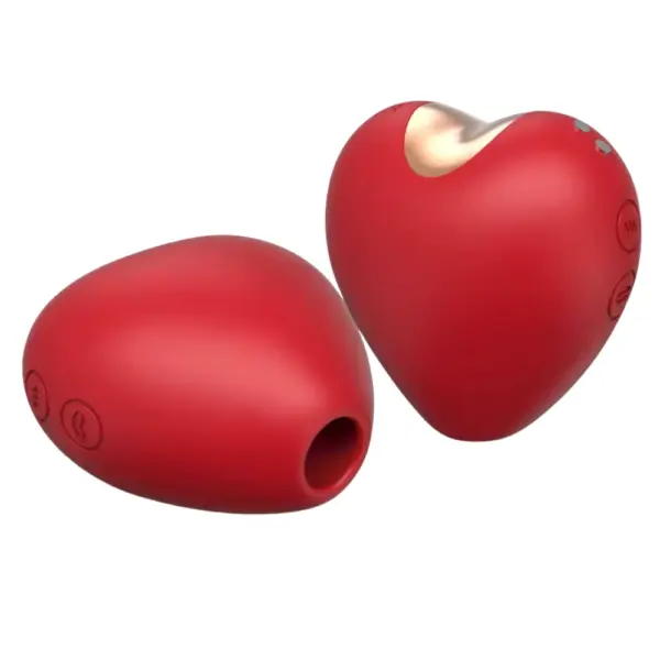 Two vibrant red Passion Pull heart-shaped rechargeable suckers—one turned to display the metallic-trimmed suction chamber and dual-mode buttons, the other showing the underside with the circular silicone nozzle.