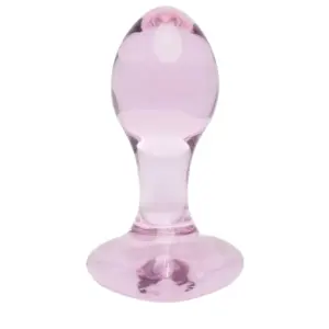 Glass heart shaped butt plug Love Vice displayed vertically showing the smooth translucent pink glass heart and tapered plug on a white background