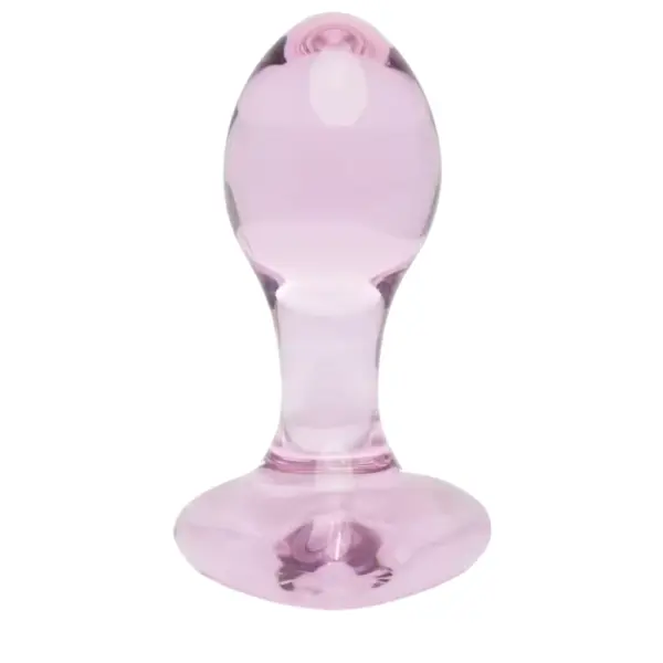 Glass heart shaped butt plug Love Vice displayed vertically showing the smooth translucent pink glass heart and tapered plug on a white background