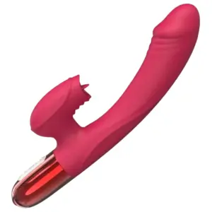 Angled view of the Licking Rabbit With Heating- Heated Hops in vibrant red, showing its gently curved G-spot shaft with soft ridges and the rabbit-style licking nozzle perched above.
