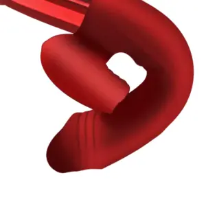 Close-up of the Licking Rabbit With Heating-Heated Hops’ bendable red silicone shaft, showcasing its kink-resistant core and pronounced G-spot curve. The flexible design allows personalized shaping for precise internal stimulation while retaining the integrated heating element’s form.
