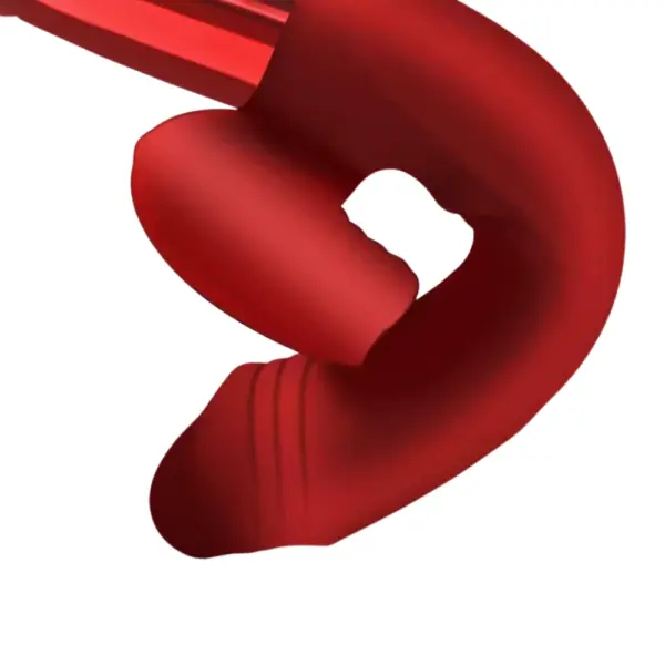 Close-up of the Licking Rabbit With Heating-Heated Hops’ bendable red silicone shaft, showcasing its kink-resistant core and pronounced G-spot curve. The flexible design allows personalized shaping for precise internal stimulation while retaining the integrated heating element’s form.