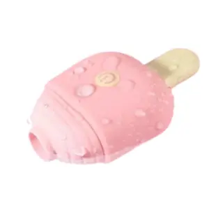 Lustful Treat’s Mini Popsicle Suction Vibrator shown with water droplets on its body, highlighting its waterproof, easy-to-clean silicone finish.