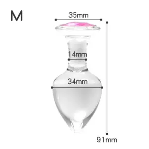 Dimensional diagram of the Crystal Clear Butt Plug – Clear Love in Medium: 34 mm head width, 14 mm neck, 35 mm base width, total length 91 mm.