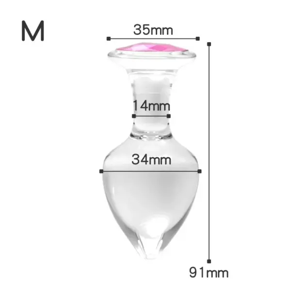 Dimensional diagram of the Crystal Clear Butt Plug – Clear Love in Medium: 34 mm head width, 14 mm neck, 35 mm base width, total length 91 mm.