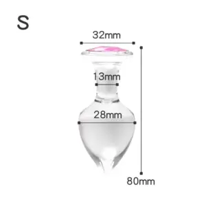 Dimensional diagram of the Crystal Clear Butt Plug – Clear Love in Small: 32 mm head width, 13 mm neck, 28 mm widest point, total length 80 mm.