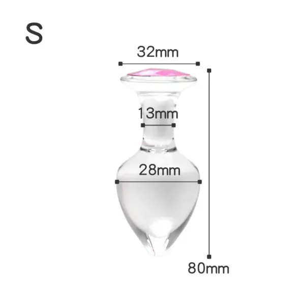 Dimensional diagram of the Crystal Clear Butt Plug – Clear Love in Small: 32 mm head width, 13 mm neck, 28 mm widest point, total length 80 mm.