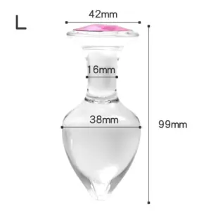 Dimensional diagram of the Crystal Clear Butt Plug – Clear Love in Large: 38 mm head width, 16 mm neck, 42 mm base width, total length 99 mm.