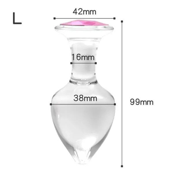 Dimensional diagram of the Crystal Clear Butt Plug – Clear Love in Large: 38 mm head width, 16 mm neck, 42 mm base width, total length 99 mm.