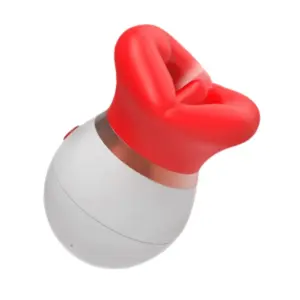 Side profile of the Fleur Kiss 3 in 1 Clit Vibrator highlighting the red silicone mouth-shaped head and the ergonomic white handle beneath it.